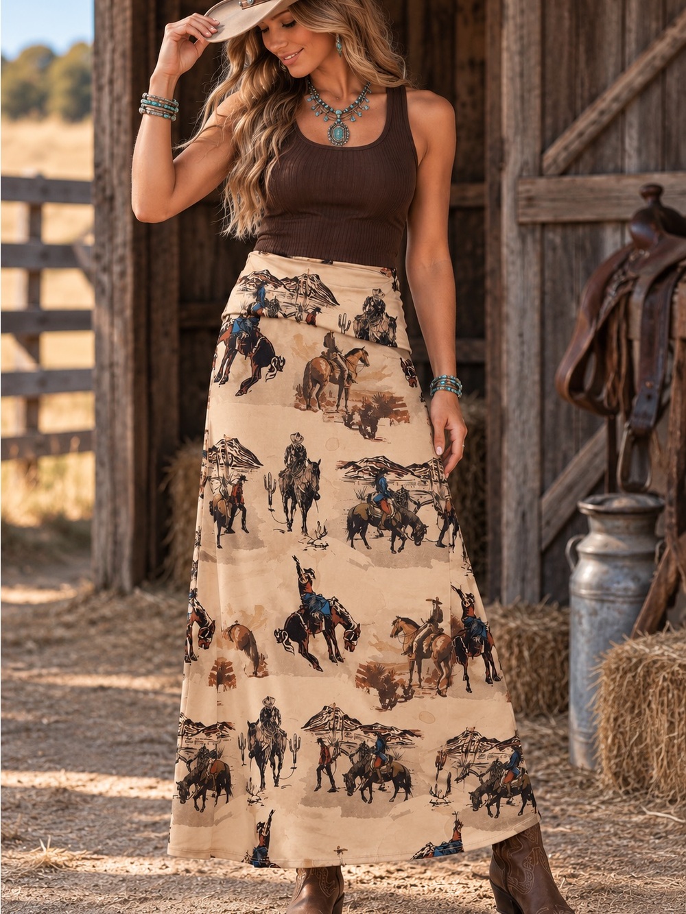 Western Cowboy Print Maxi Skirt Rodeo Ranch Boho Desert Tan NWT